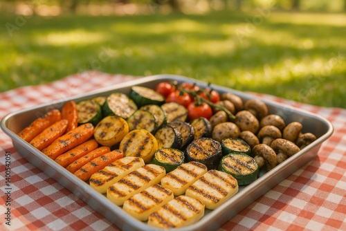 Grilled Vegetables Served on a Tray During a Sunny Picnic in the Park