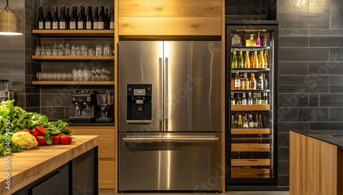 Modern kitchen appliances with wine storage.  A sleek stainless steel refrigerator, wine cooler, and built-in coffee machine are showcased in a contemporary kitchen setting.  