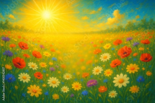 Vibrant Wildflower Field Under a Golden Sun at Sunset Capturing Natures Beaut...