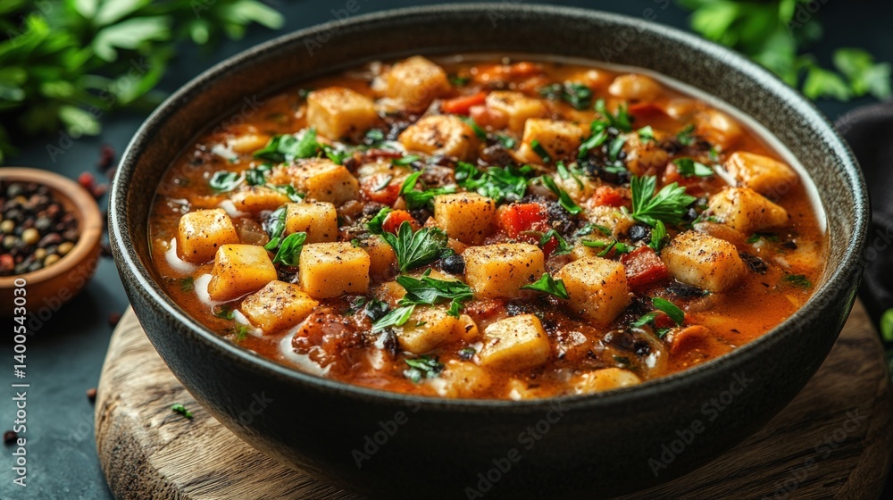 Bowl of soup with croutons and herbs on a wooden surface. Bowl of soup with croutons and herbs on a wooden surface.