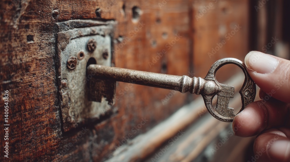 A hand holding a shiny key unlocks a door, representing the unlocking of success - metal macro journey objective target A hand holding a shiny key unlocks a door, representing the unlocking of success - metal macro journey objective target