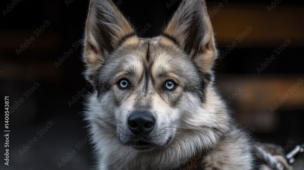 A husky mix with striking blue eyes, alert and attentive - intelligent guarding fluffy ice A husky mix with striking blue eyes, alert and attentive - intelligent guarding fluffy ice