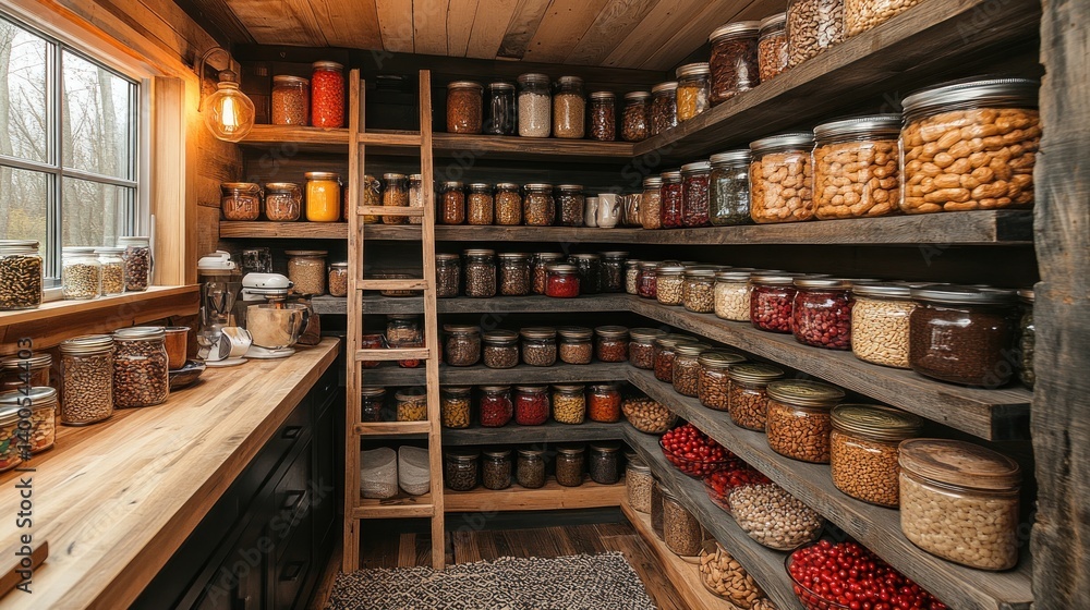 Rustic Pantry: A Well-Stocked Kitchen with Jars of Dried Goods Rustic Pantry: A Well-Stocked Kitchen with Jars of Dried Goods