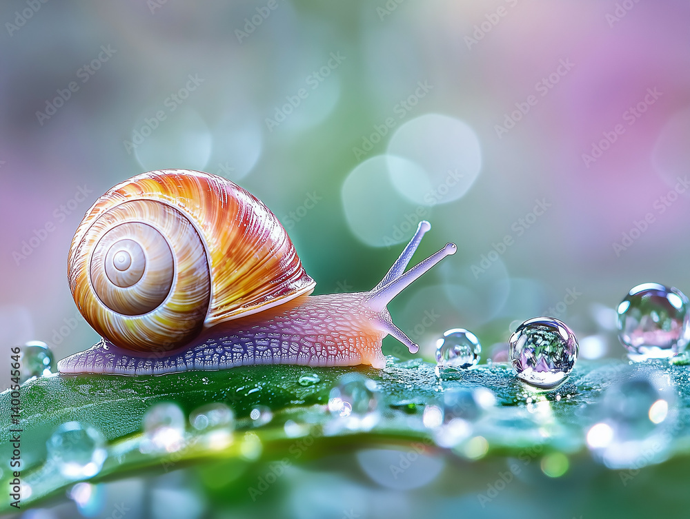 Snail on green leaf with water droplets in colorful garden. Bokeh background.