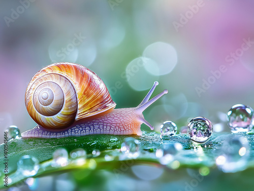 Snail on green leaf with water droplets in colorful garden. Bokeh background.