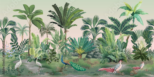 Mughal Seamless Garden Wall Illustration, Tropical Tree, Birds, Peacock.