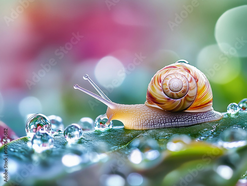 Obraz na płótnie Snail on green leaf with water droplets in colorful garden. Bokeh background. w salonie