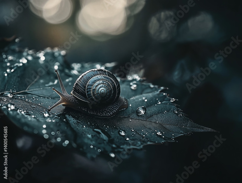 Obraz na płótnie Snail on green leaf with water droplets. Bokeh background. w salonie