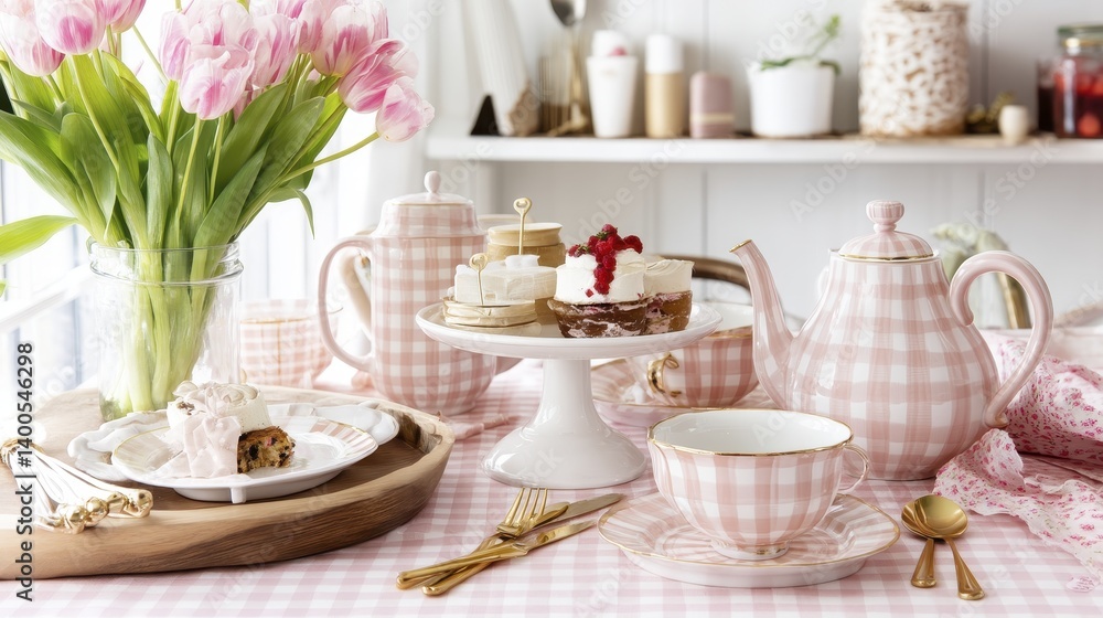 Fototapeta premium Pastel pink gingham tablecloth, cheerful setting for a spring dessert buffet - tulips bunny happy