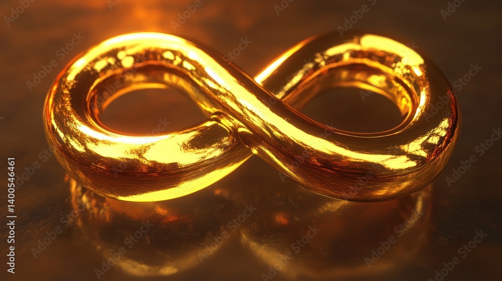 Golden infinity symbol reflecting on dark surface Golden infinity symbol reflecting on dark surface