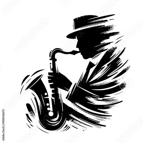 side view mininmalistic illustration of a Jazz musician playing saxophone in artistic black and white  
