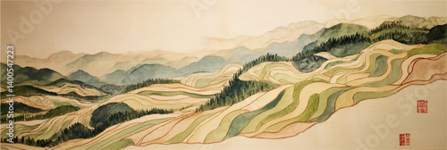 vector illustration of Chinese rice fields painting on old vintage silk paper	