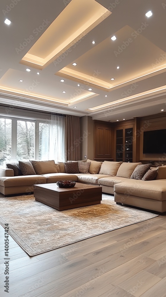 Fototapeta premium Interior view of a living room with a large sectional sofa and lighting.