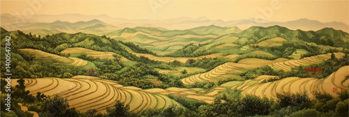 vector illustration of Chinese rice fields painting on old vintage silk paper	