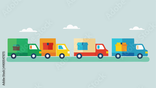 MultiTruck Caravan Several colorful delivery trucks on the road together each filled with various themed packages driving in formation towards their destination.