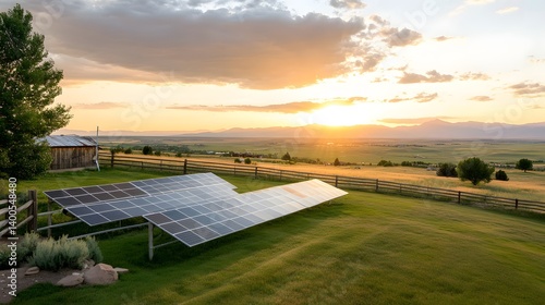 Rural Sunset Landscape Featuring Solar Panels on a Farm Clean Energy and Sustainable Living