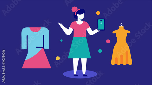 Mobile App Shopping A user holds a smartphone and uses an AR app to project a realistic image of a dress onto themselves exploring different colors and styles.