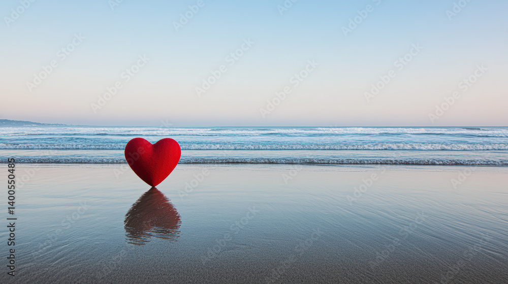 Fototapeta premium A red heart shape on a calm beach reflects in the water against a serene sky.