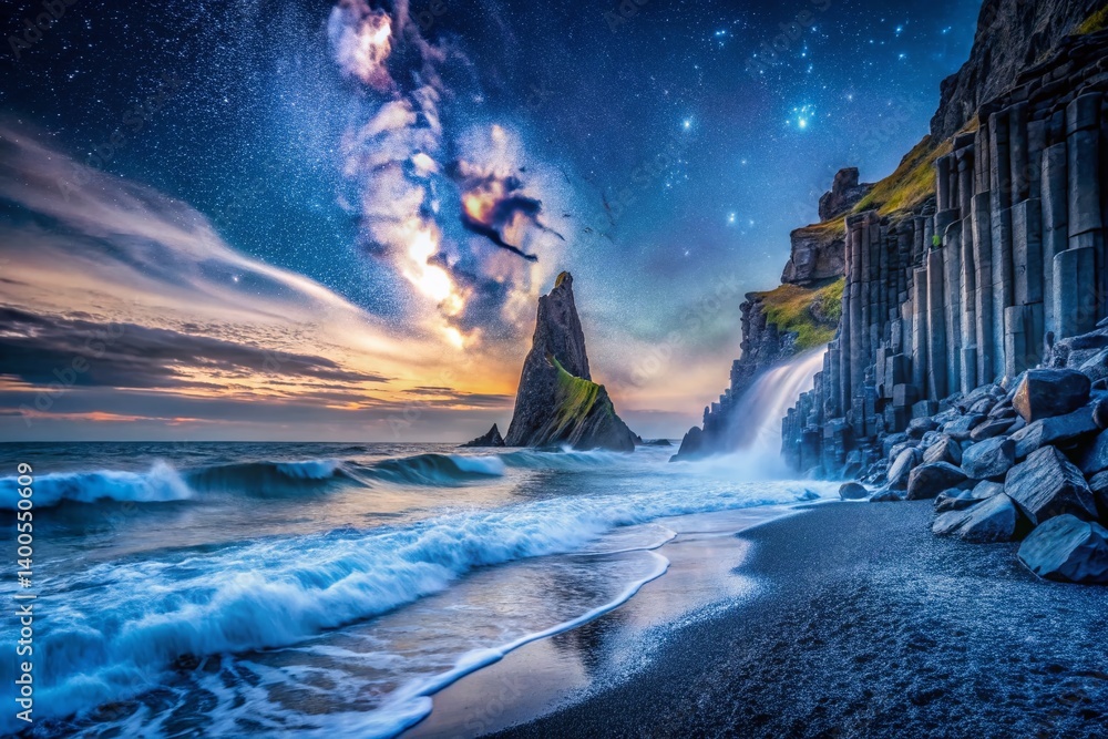 Obraz premium Dramatic Night Photography: Iceland's Reynisfjara Black Sand Beach & Basalt Columns