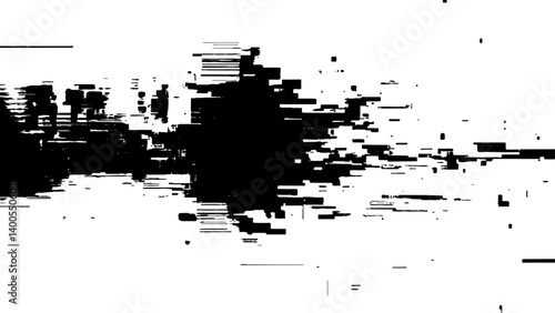 Abstract distorted black, white motion glitch overlay effect distress texture. Black grunge, white background.