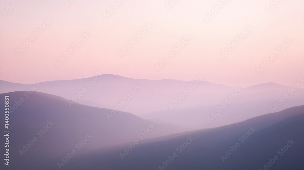 Fototapeta premium Soft, hazy mountain ranges fade into a pale pink sky, a serene and minimalist illustration. Generative AI