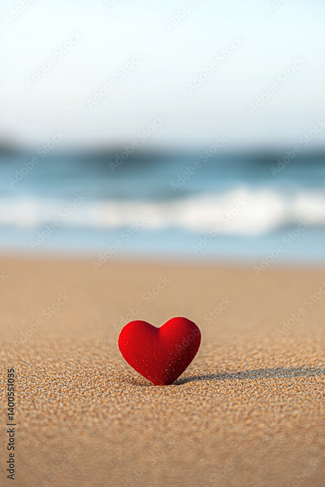 A red heart-shaped object on sandy beach, with ocean waves in the background. A red heart-shaped object on sandy beach, with ocean waves in the background.