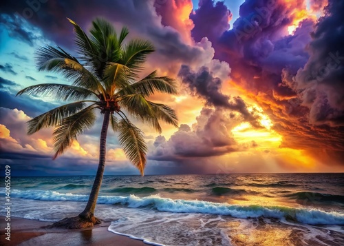 Dramatic Double Exposure: Windswept Palm Tree, Stormy Ocean
