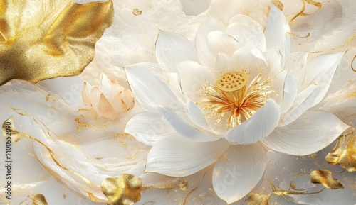 Delicate white lotus flower with gold accents, surrounded by flowing, ethereal elements