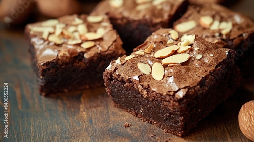 Obraz na płótnie Moist and fudgy brownies topped with slivered almonds for a delicious crunch w salonie