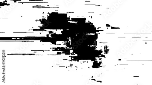 Abstract distorted black, white motion glitch overlay effect distress texture. Black grunge, white background.