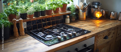 Kitchen counter with stove top plants and various kitchen items in background.