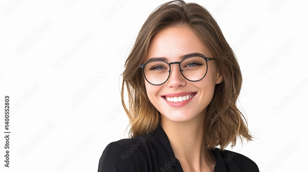 Obraz premium Bright Portrait of Young Businesswoman with Glasses, Smiling Cheerfully