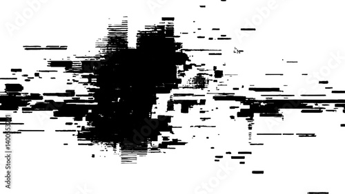 Abstract distorted black, white motion glitch overlay effect distress texture. Black grunge, white background.