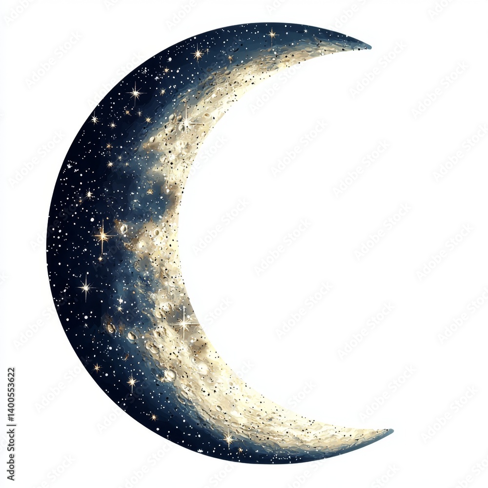 Shimmering Crescent Moon with Stars on a White Background in a Dreamy Celestial Design for Artistic Inspiration Shimmering Crescent Moon with Stars on a White Background in a Dreamy Celestial Design for Artistic Inspiration