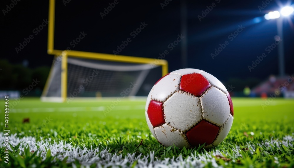 Fototapeta premium A football lying on the field with a goalpost visible in the background, illuminated by stadium lights at night.