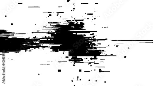 Abstract distorted black, white motion glitch overlay effect distress texture. Black grunge, white background.