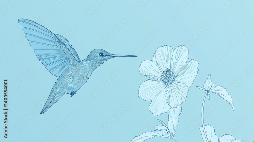 Naklejka premium Hummingbird at Flower, Pastel Blue