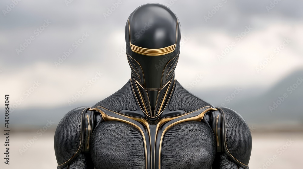 Futuristic armored humanoid figure with black and gold armor suit standing confidently against blue background in sci-fi technology concept photo