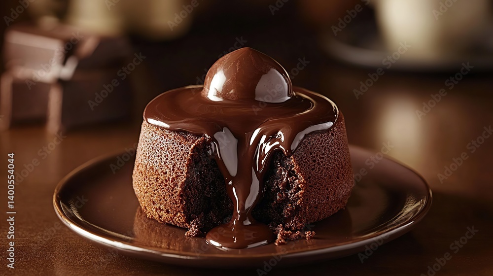 Chocolate lava cake with molten chocolate center, gooey chocolate flowing out from the cake