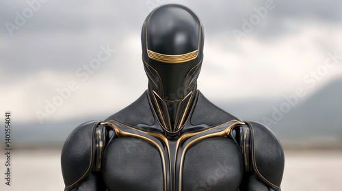Obraz na płótnie Futuristic armored humanoid figure with black and gold armor suit standing confidently against blue background in sci-fi technology concept photo w salonie