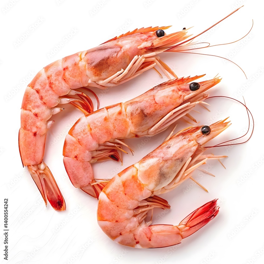 Fresh pink shrimp on white background, top view Fresh pink shrimp on white background, top view