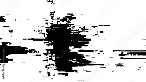 Abstract distorted black, white motion glitch overlay effect distress texture. Black grunge, white background.