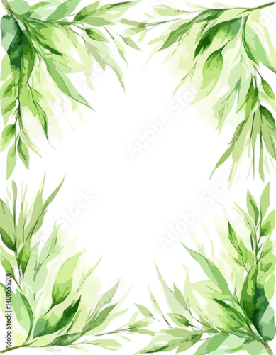 Watercolor frame of green leaves in loose impressionistic style for natural decoration 