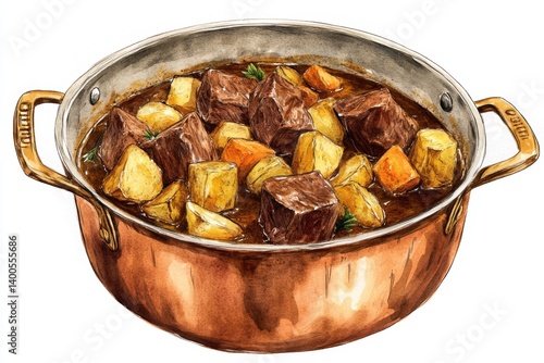 Hearty stew in a copper pot.  Chunks of beef, potatoes, and carrots simmered in a rich sauce