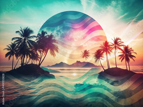 Double Exposure: Paradise Beach Waves, Tropical Serenity, Ocean Dreamscape