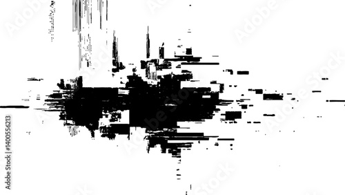 Abstract distorted black, white motion glitch overlay effect distress texture. Black grunge, white background.