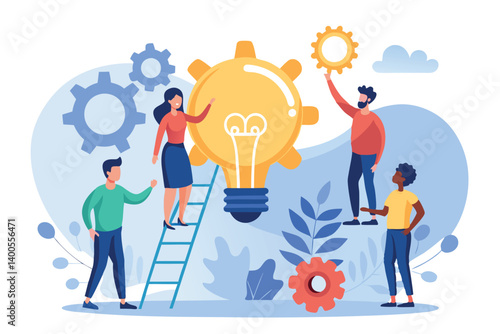 Collaborative Teamwork and Brainstorming Session With an Innovative Light Bulb Concept