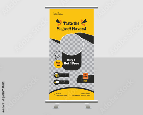 Premium Modern Restaurant Roll-Up Banner Template Design: Perfect for Fast Food Business Marketing Featuring Abstract Backgrounds, Social Media Icons, and Vertical Rack Cards, Flyers, X-Banners .
