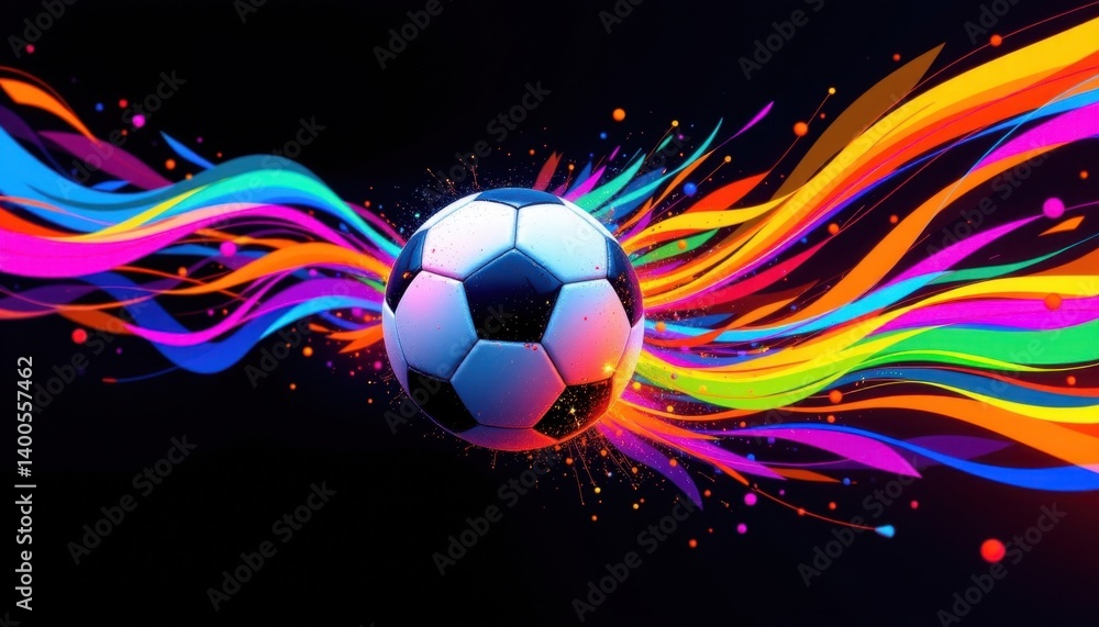 Fototapeta premium A vibrant graphic depicting a soccer ball blending with abstract wave patterns and bright neon hues.