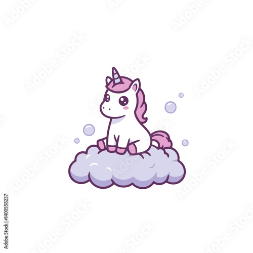 Cute Cartoon Unicorn Sitting on a Cloud